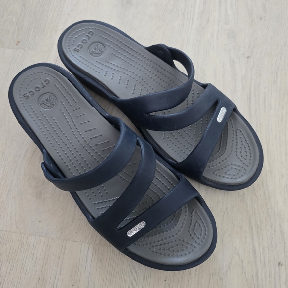 Crocs Navy Blue and Gray Slide Strappy Sandals size W11 - Picture 3 of 5